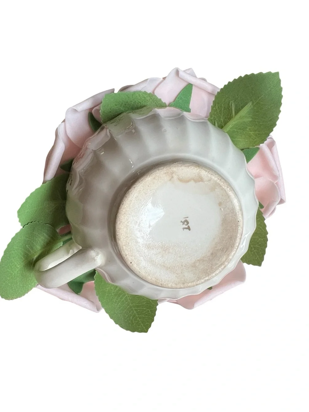 American Limoges vintage teacup and saucer with Pink Rose artificial flowers.